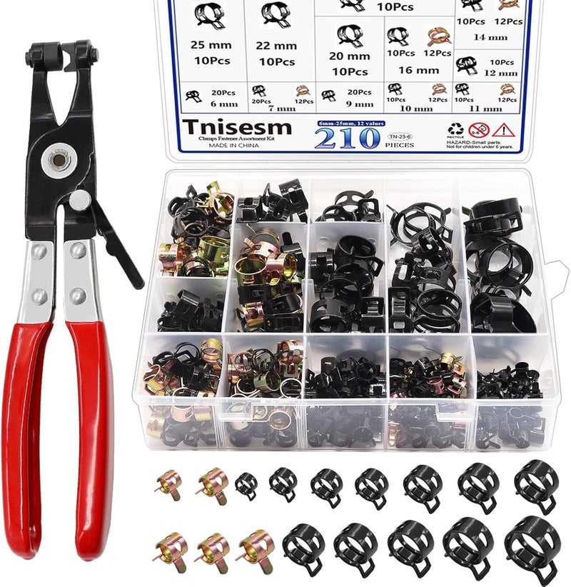 Tnisesm 210Pcs 6-25mm Spring Band Hose Clamps Assortment kits with Swivel Flat Hose Clamp Plier, Spring Band Type Fuel Line Silicone Vacuum Hose Steel Clamp,Low Pressure Air Clip Clamp - Image 1